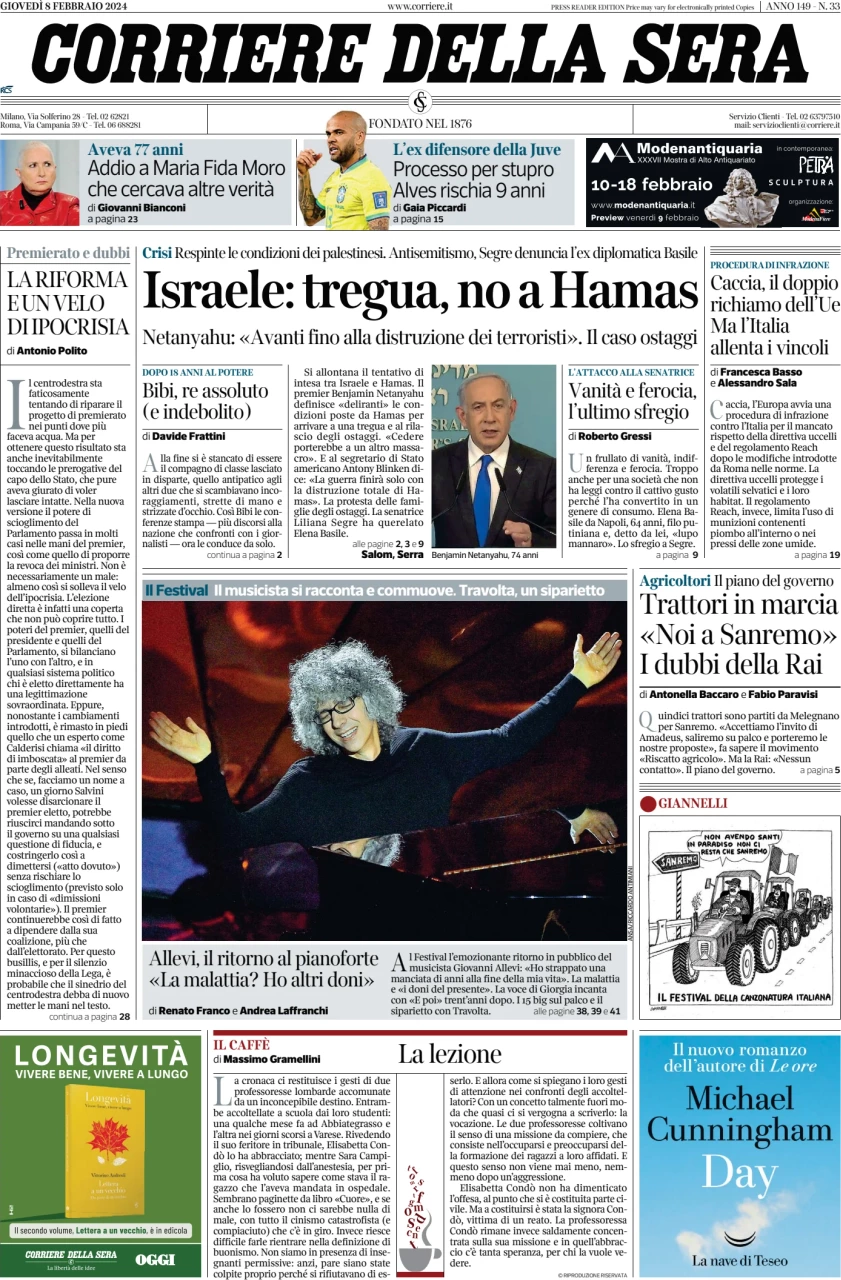 prima pagina - Corriere della Sera del 09/02/2024
