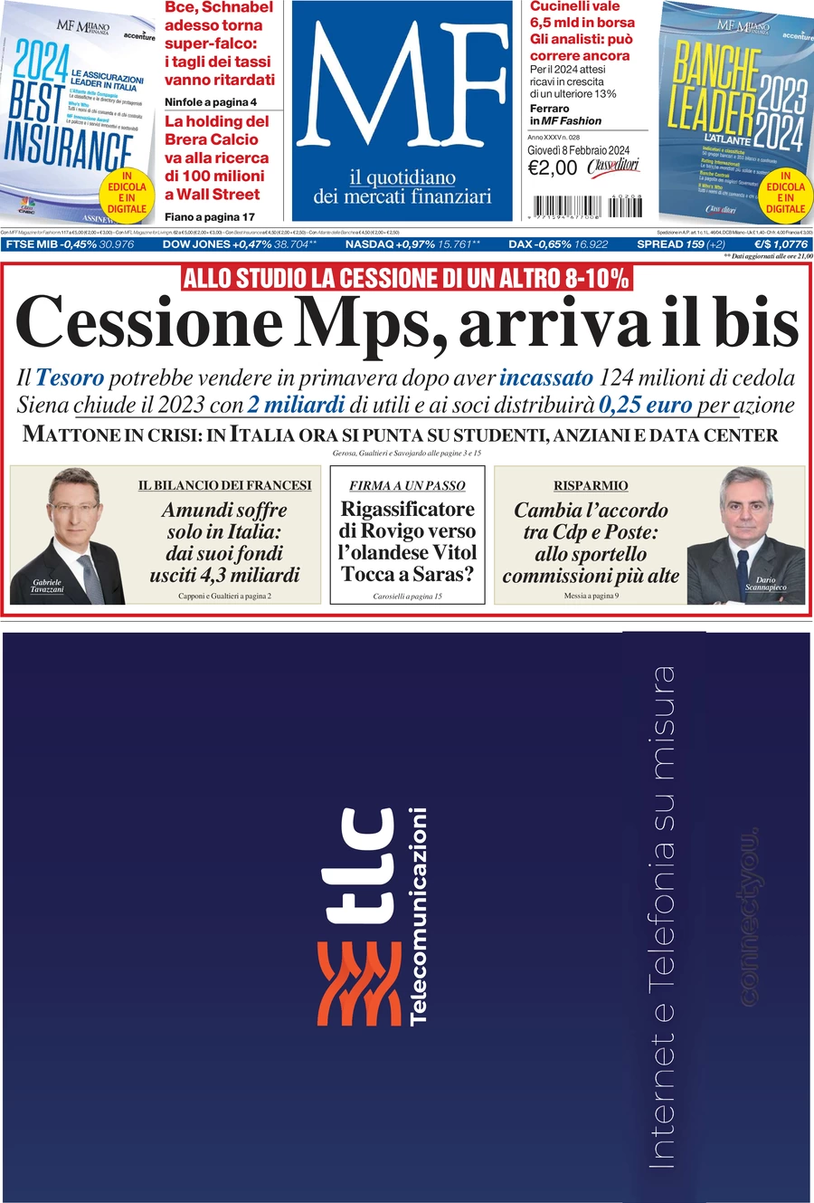 prima pagina - MF Milano Finanza del 09/02/2024