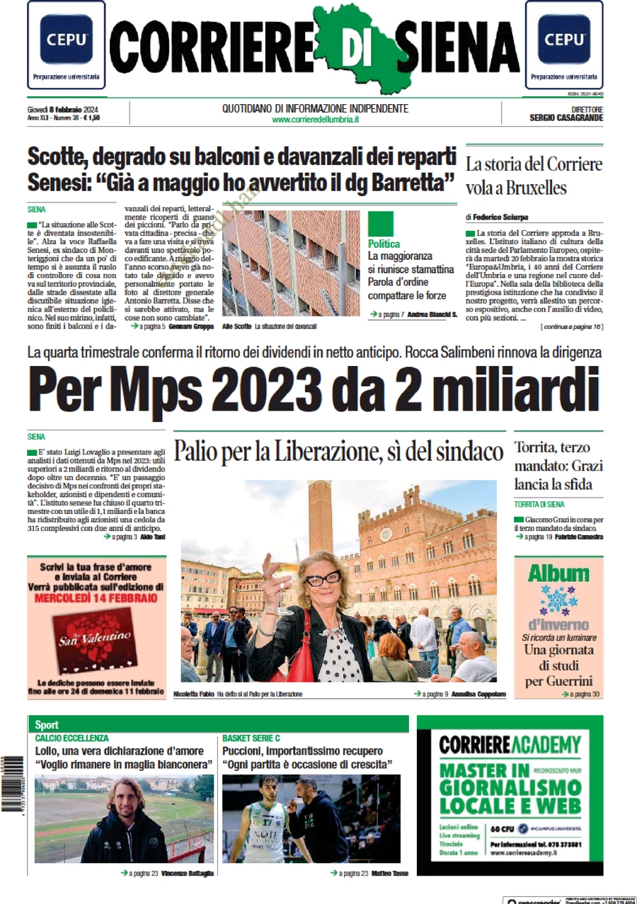 anteprima della prima pagina di corriere-di-siena del 09/02/2024