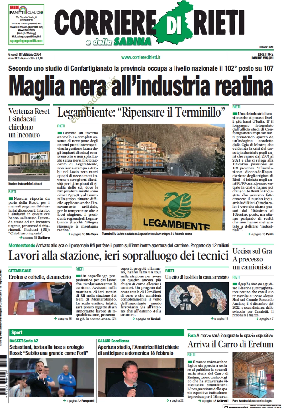 anteprima della prima pagina di corriere-di-rieti-e-della-sabina del 09/02/2024
