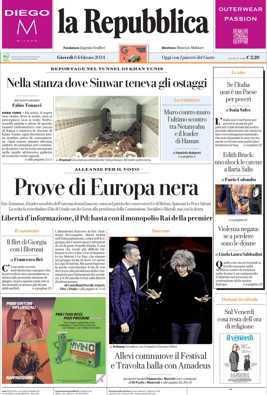 prima pagina - La Repubblica del 09/02/2024