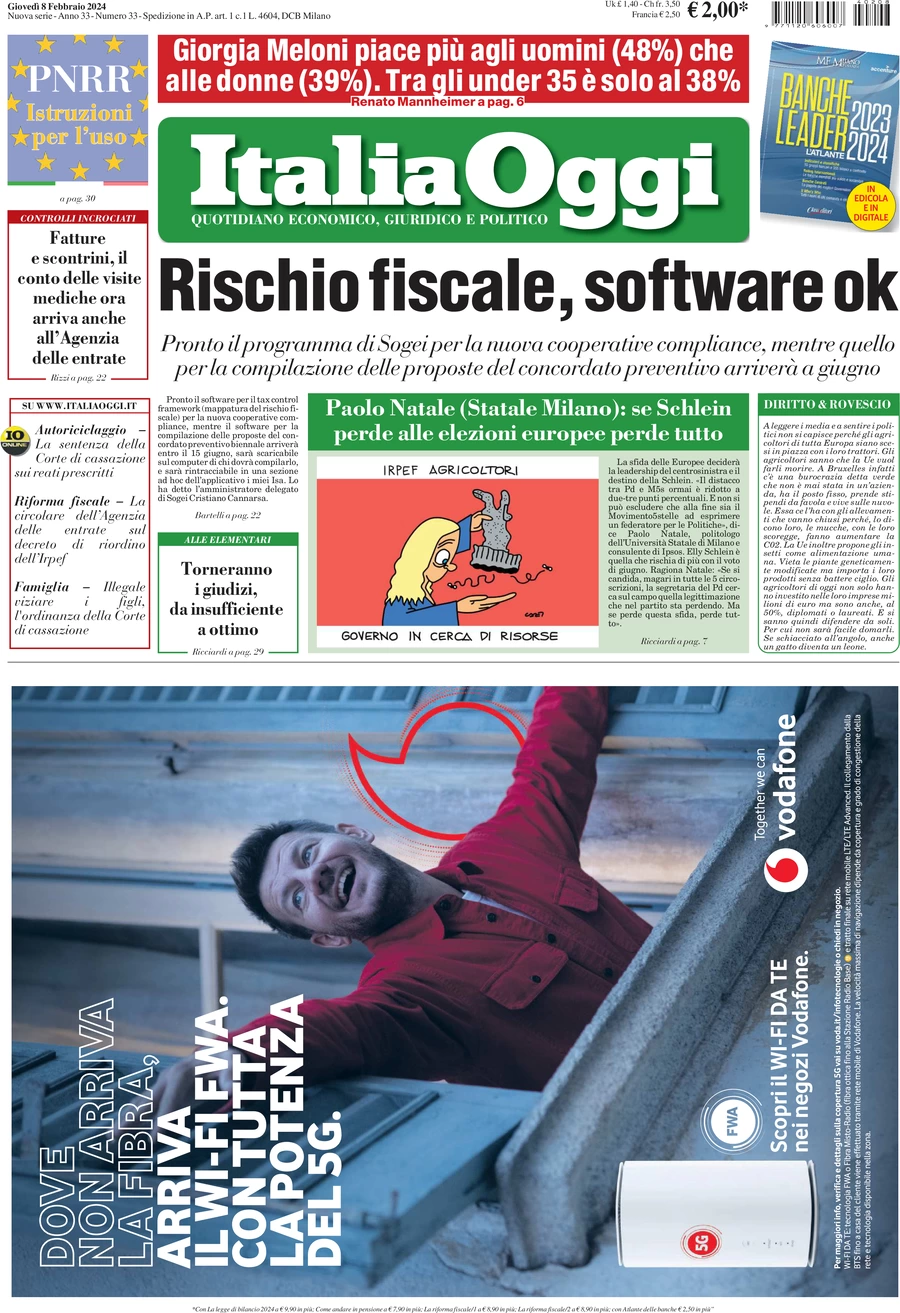 prima pagina - ItaliaOggi del 09/02/2024