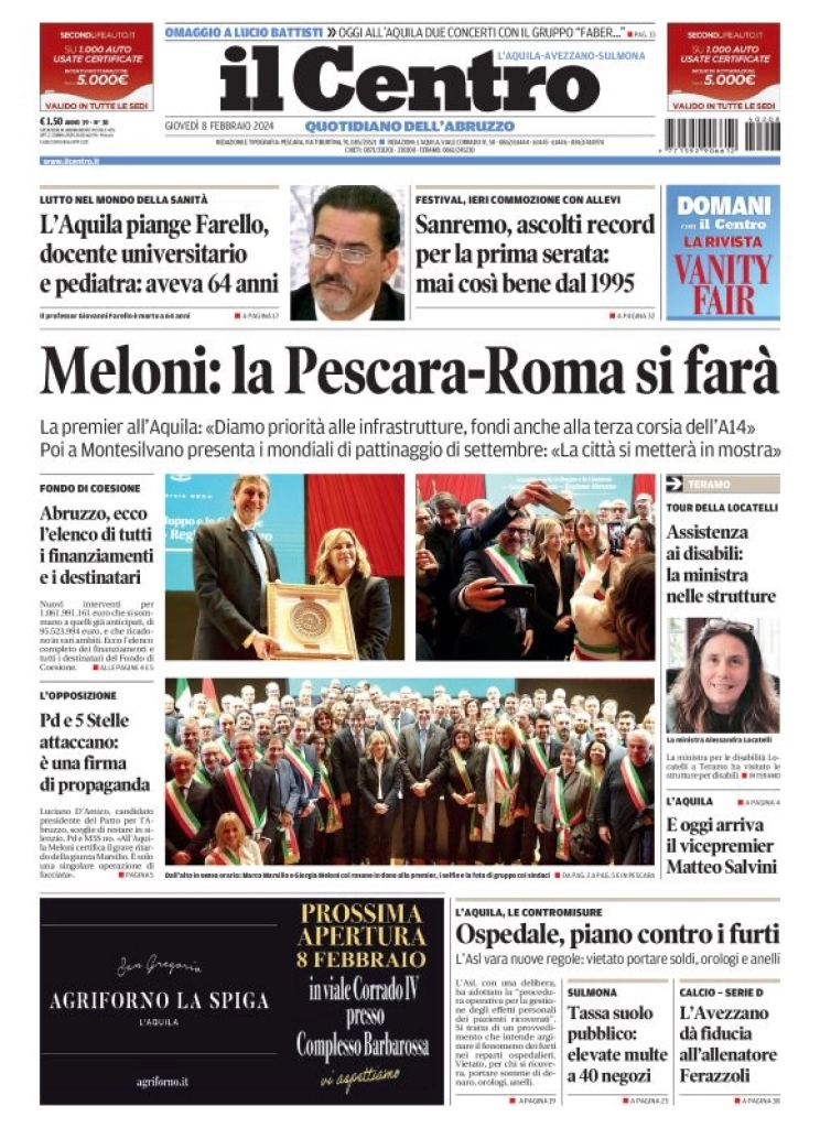 prima pagina - Il Centro (L'Aquila) del 09/02/2024