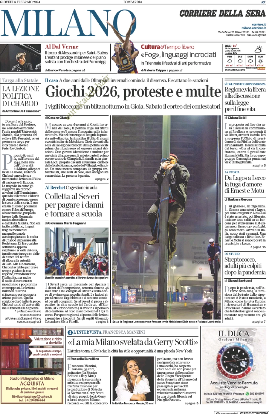anteprima della prima pagina di corriere-della-sera-milano del 09/02/2024