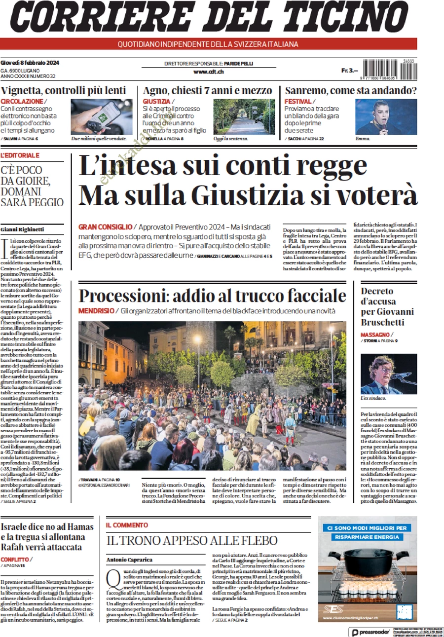 prima pagina - Corriere del Ticino del 09/02/2024