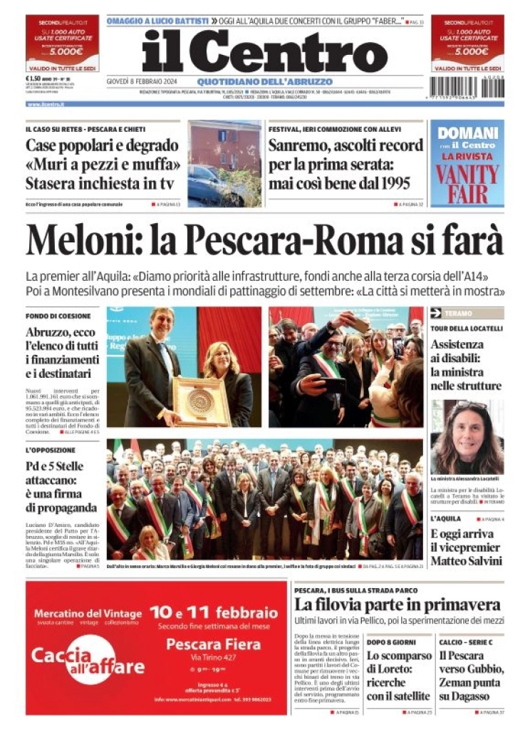 prima pagina - Il Centro (Pescara) del 09/02/2024