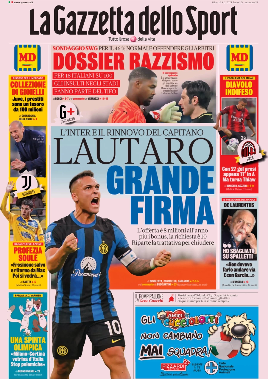 prima pagina - La Gazzetta dello Sport del 09/02/2024