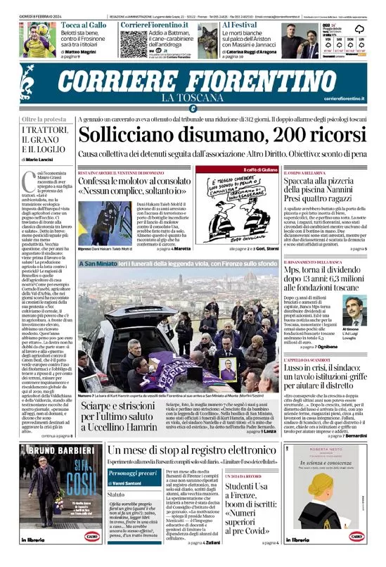anteprima della prima pagina di corriere-fiorentino del 09/02/2024