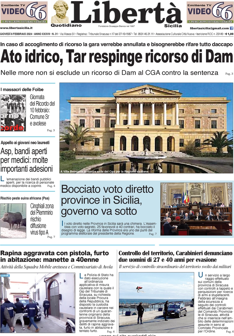anteprima della prima pagina di libert-sicilia del 09/02/2024