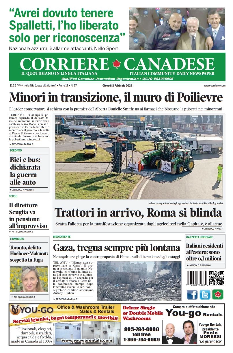prima pagina - Corriere Canadese del 09/02/2024