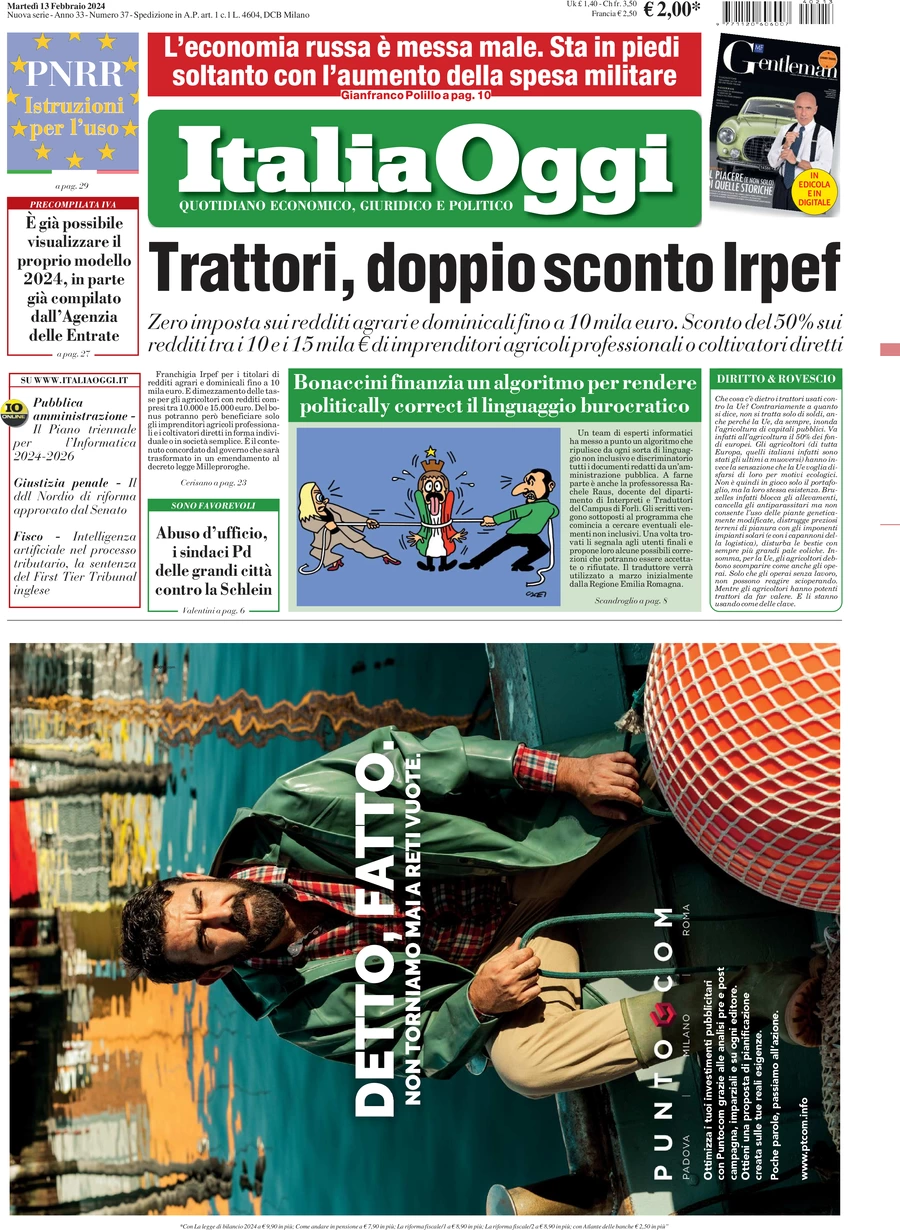 anteprima della prima pagina di italiaoggi del 13/02/2024