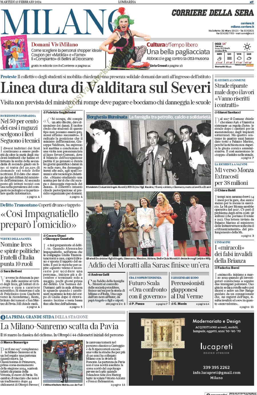 anteprima della prima pagina di corriere-della-sera-milano del 13/02/2024