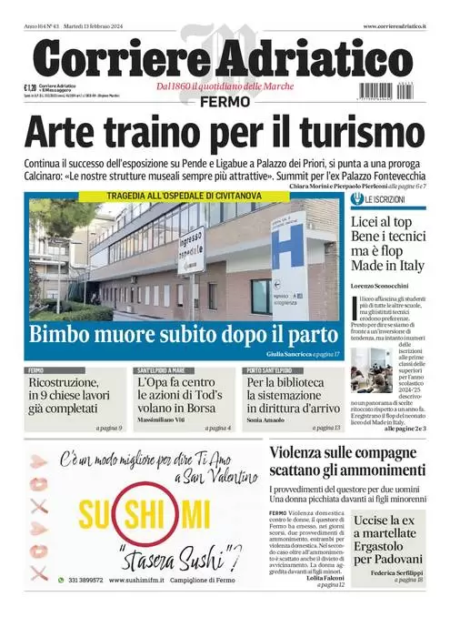 anteprima della prima pagina di corriere-adriatico-fermo del 13/02/2024