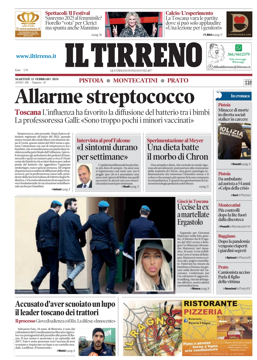 anteprima della prima pagina di il-tirreno-pistoia,-montecatini,-prato del 13/02/2024