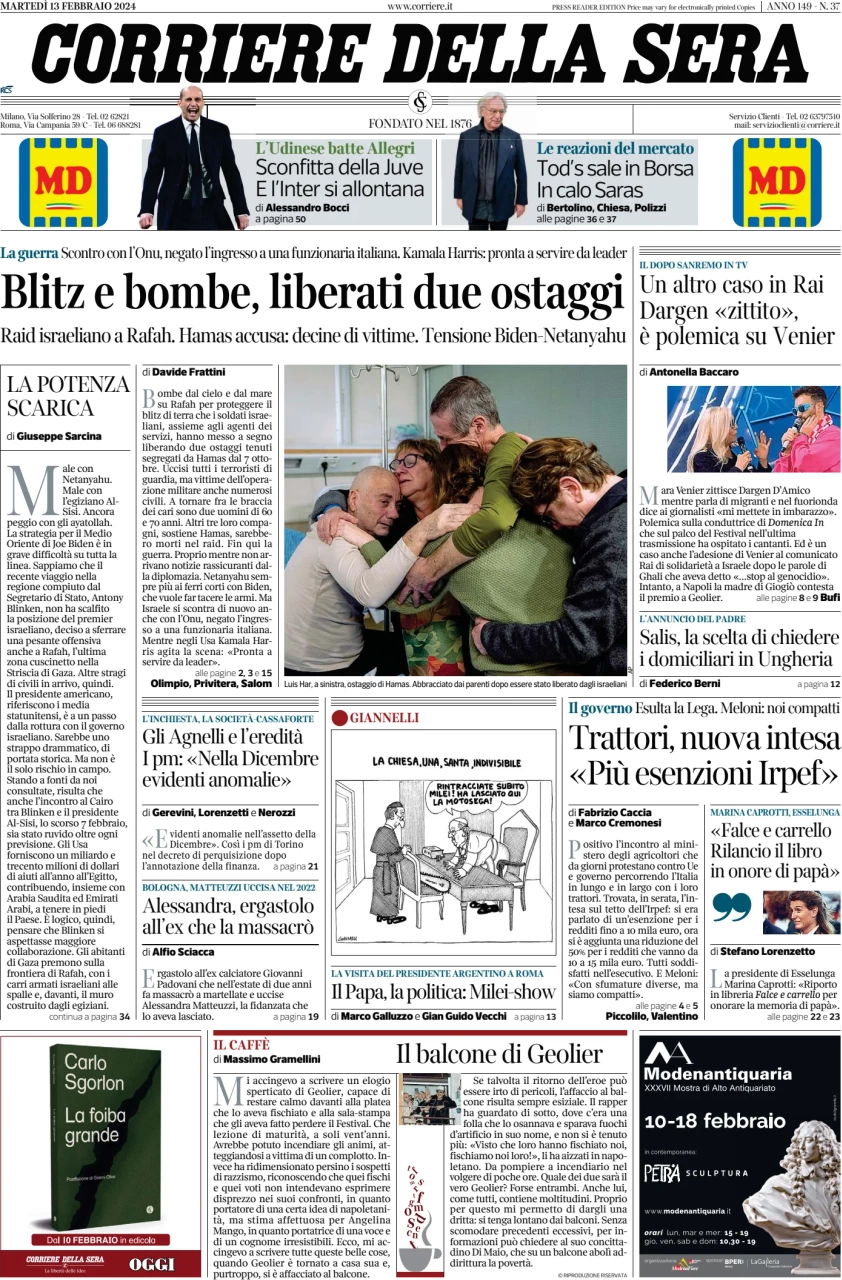 prima pagina - Corriere della Sera del 13/02/2024