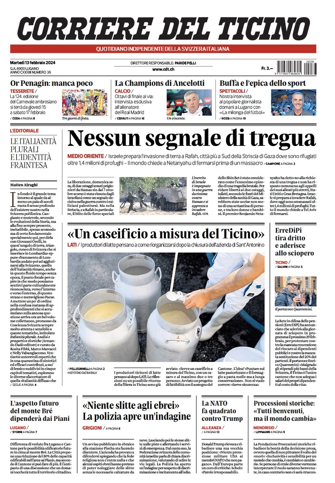 prima pagina - Corriere del Ticino del 13/02/2024