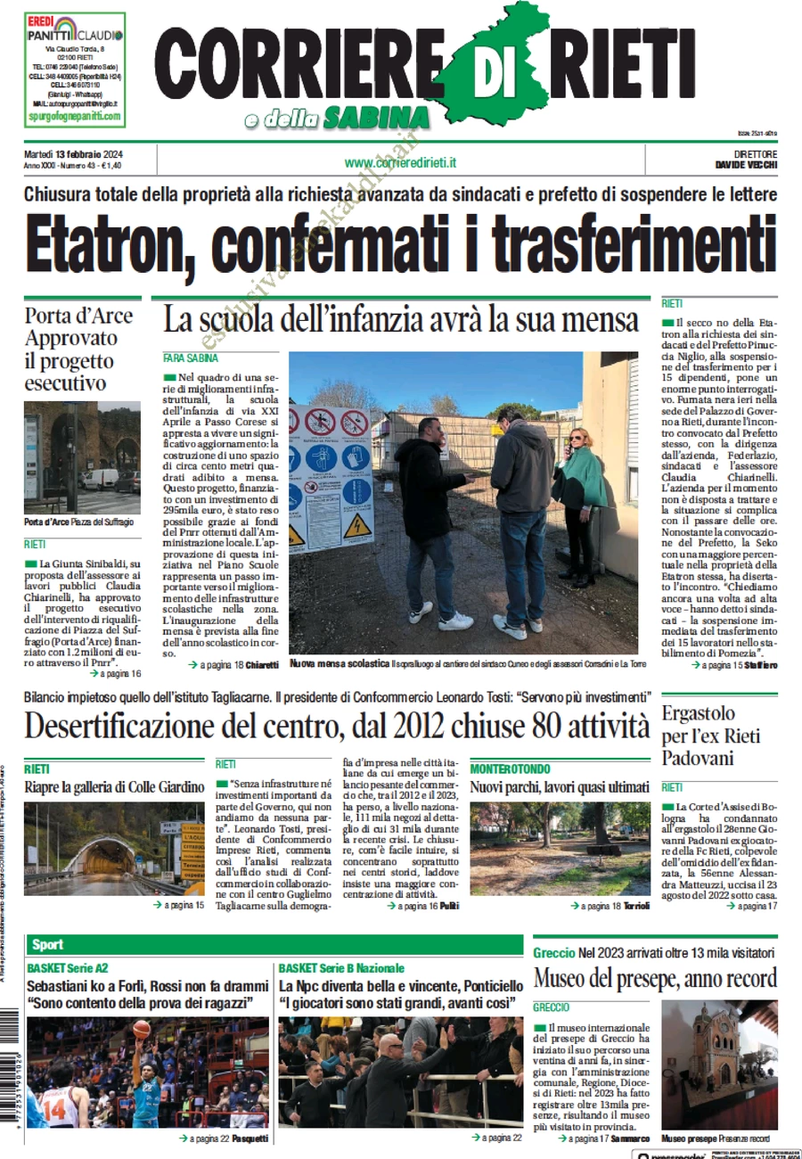 anteprima della prima pagina di corriere-di-rieti-e-della-sabina del 13/02/2024