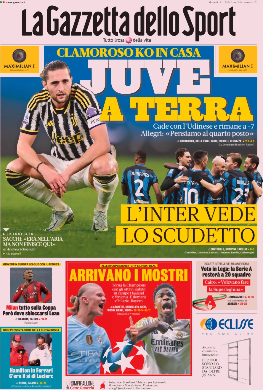 prima pagina - La Gazzetta dello Sport del 13/02/2024