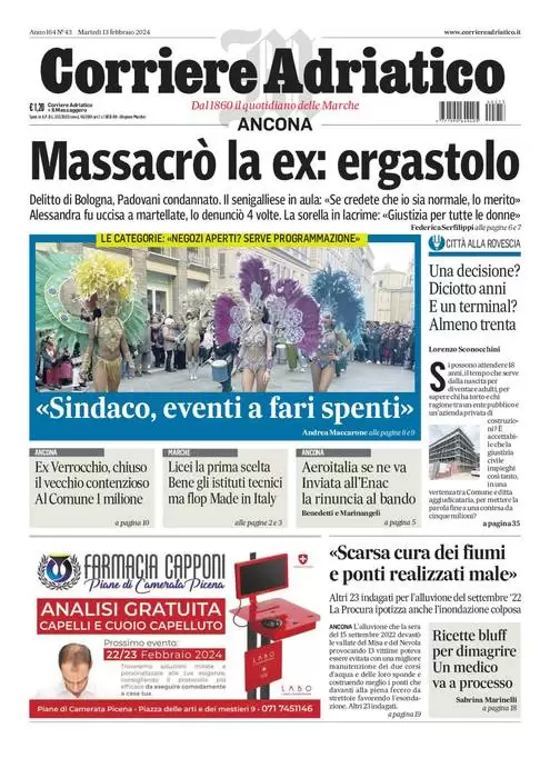 anteprima della prima pagina di corriere-adriatico-ancona del 13/02/2024