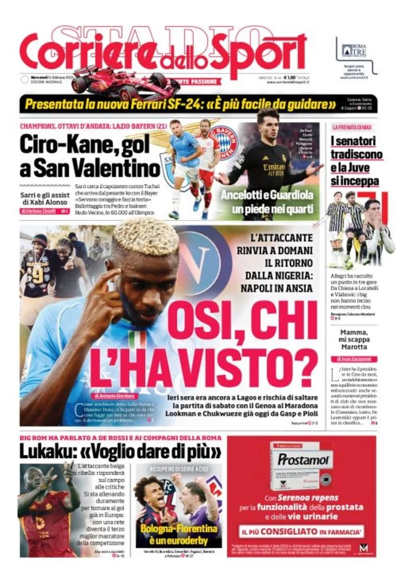 prima pagina - Corriere dello Sport del 13/02/2024