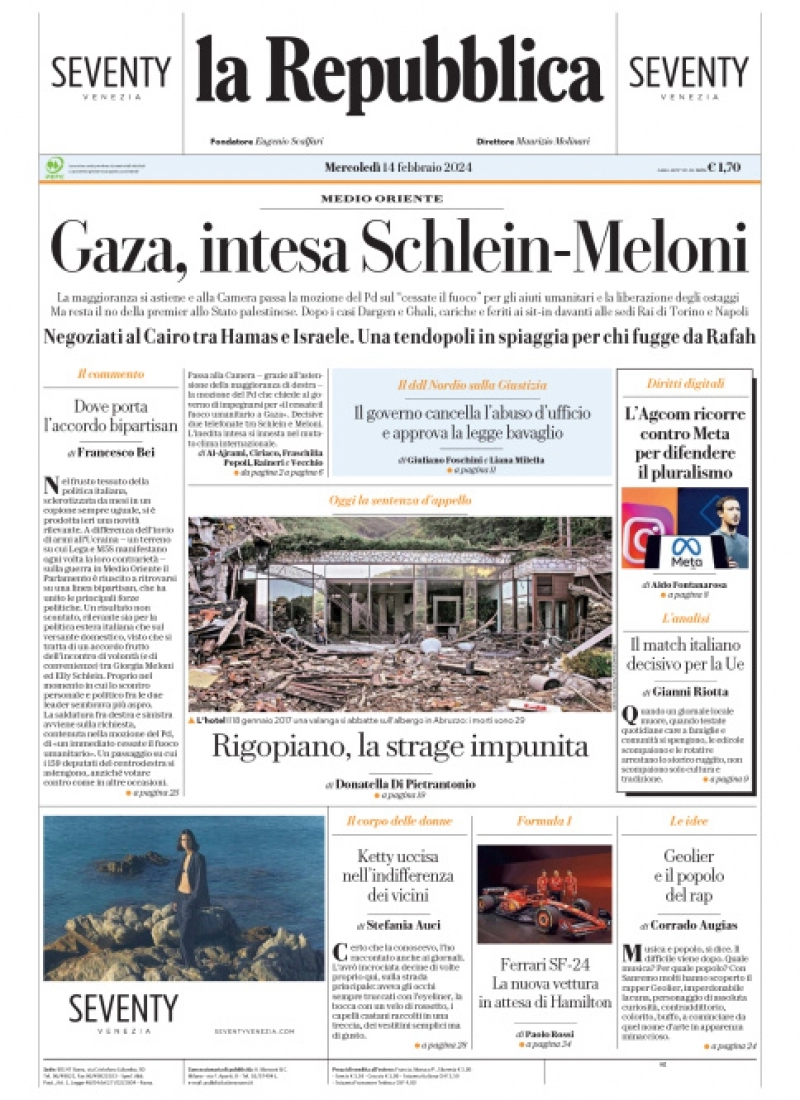 prima pagina - La Repubblica del 13/02/2024