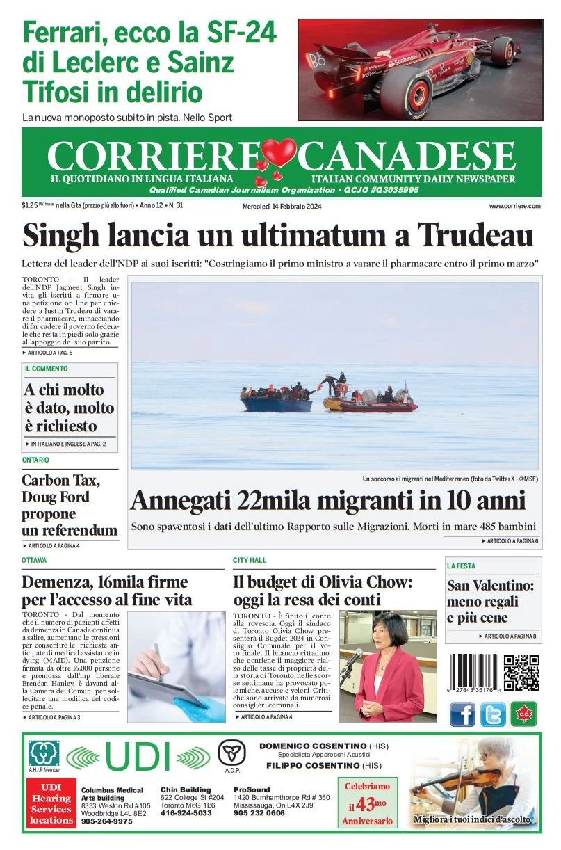 anteprima della prima pagina di corriere-canadese del 13/02/2024