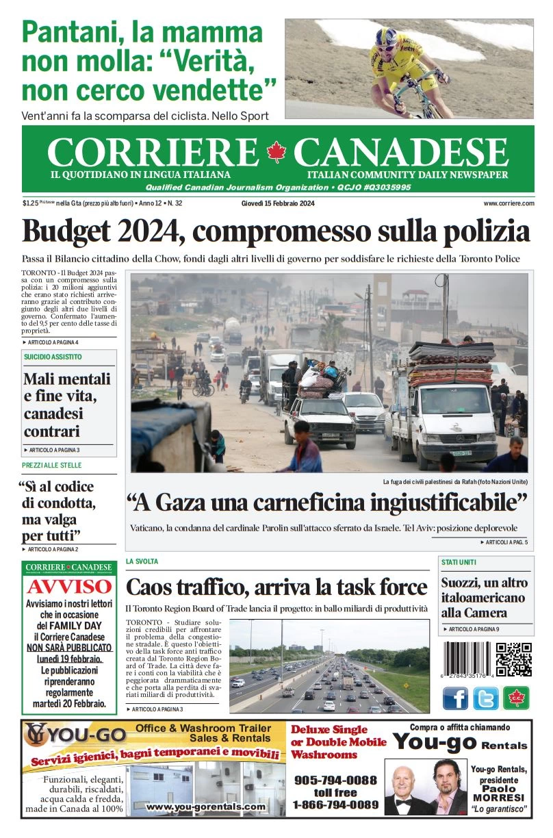 prima pagina - Corriere Canadese del 14/02/2024