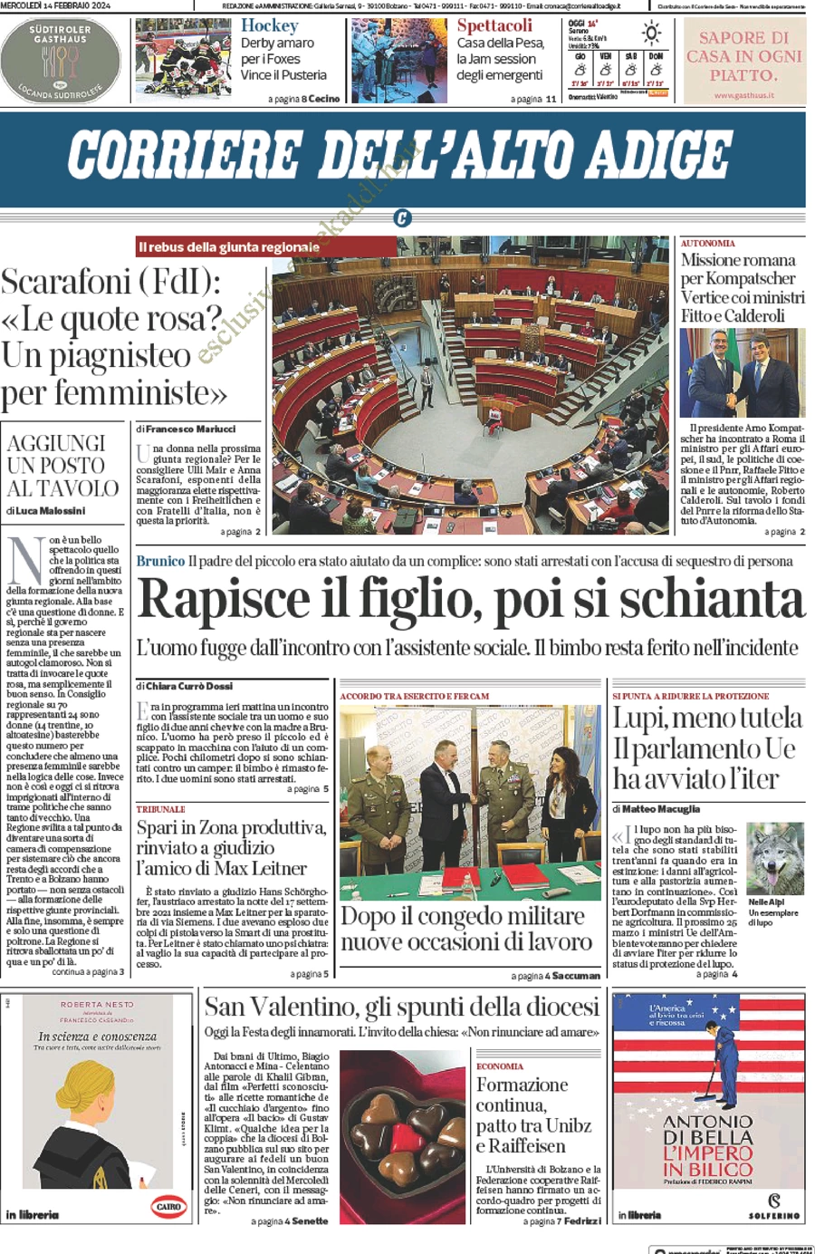 anteprima della prima pagina di corriere-dellalto-adige del 14/02/2024