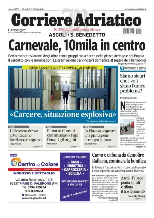 anteprima della prima pagina di corriere-adriatico-ascoli del 14/02/2024