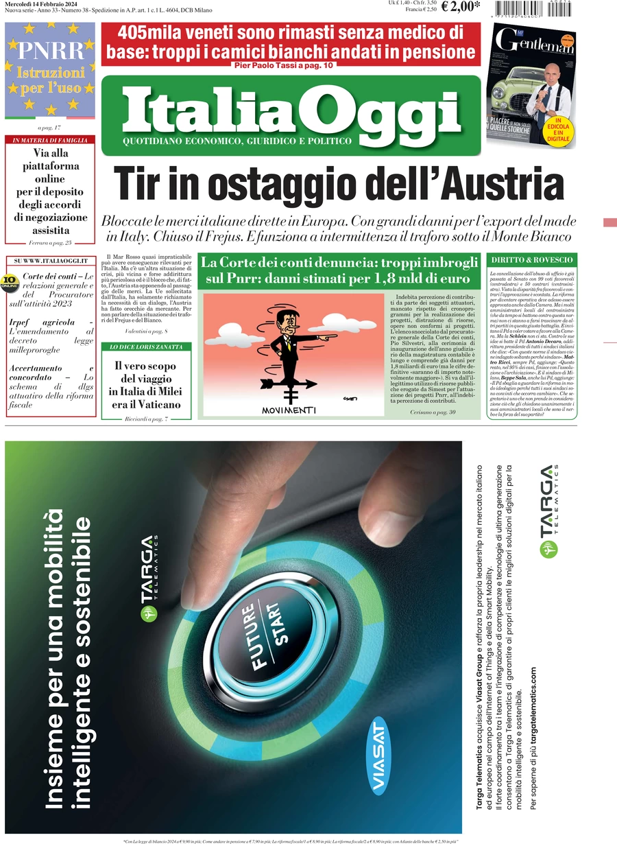 prima pagina - ItaliaOggi del 14/02/2024