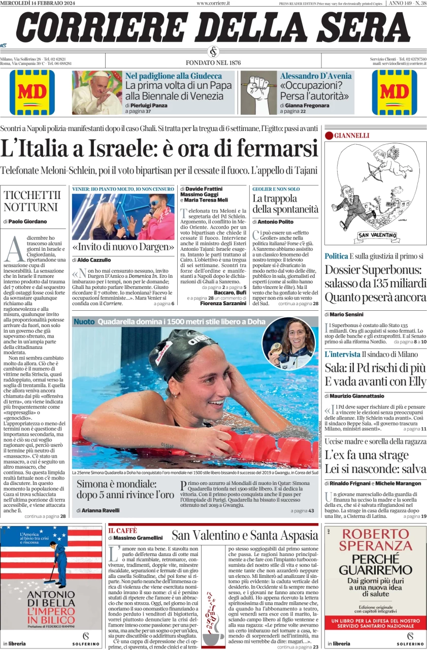 prima pagina - Corriere della Sera del 14/02/2024