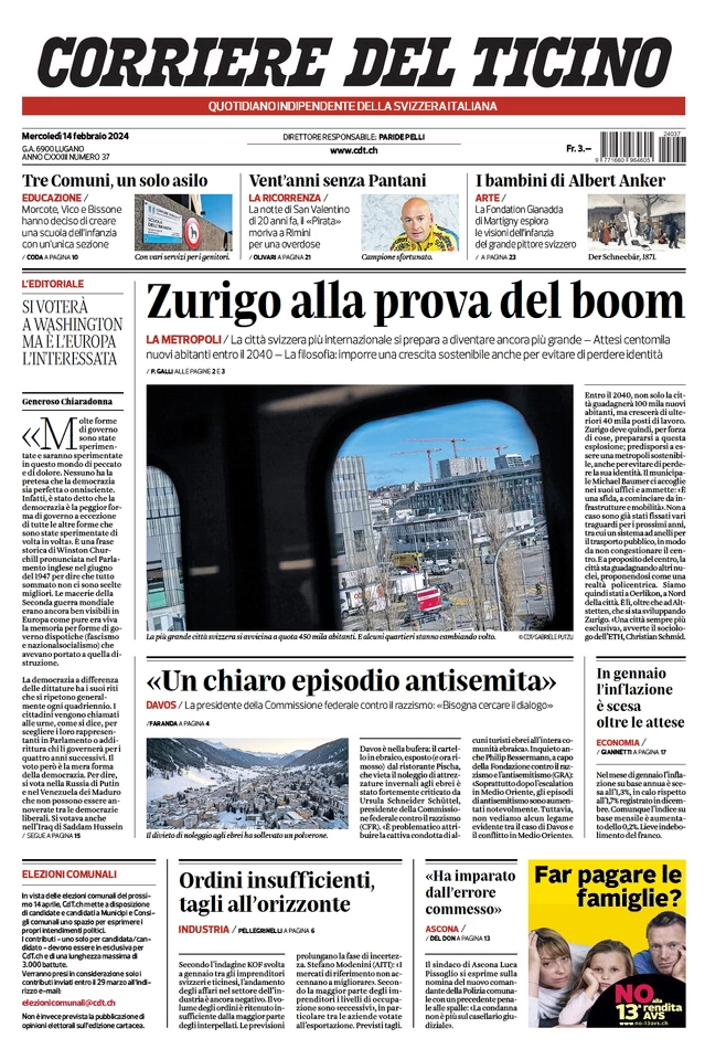 prima pagina - Corriere del Ticino del 14/02/2024