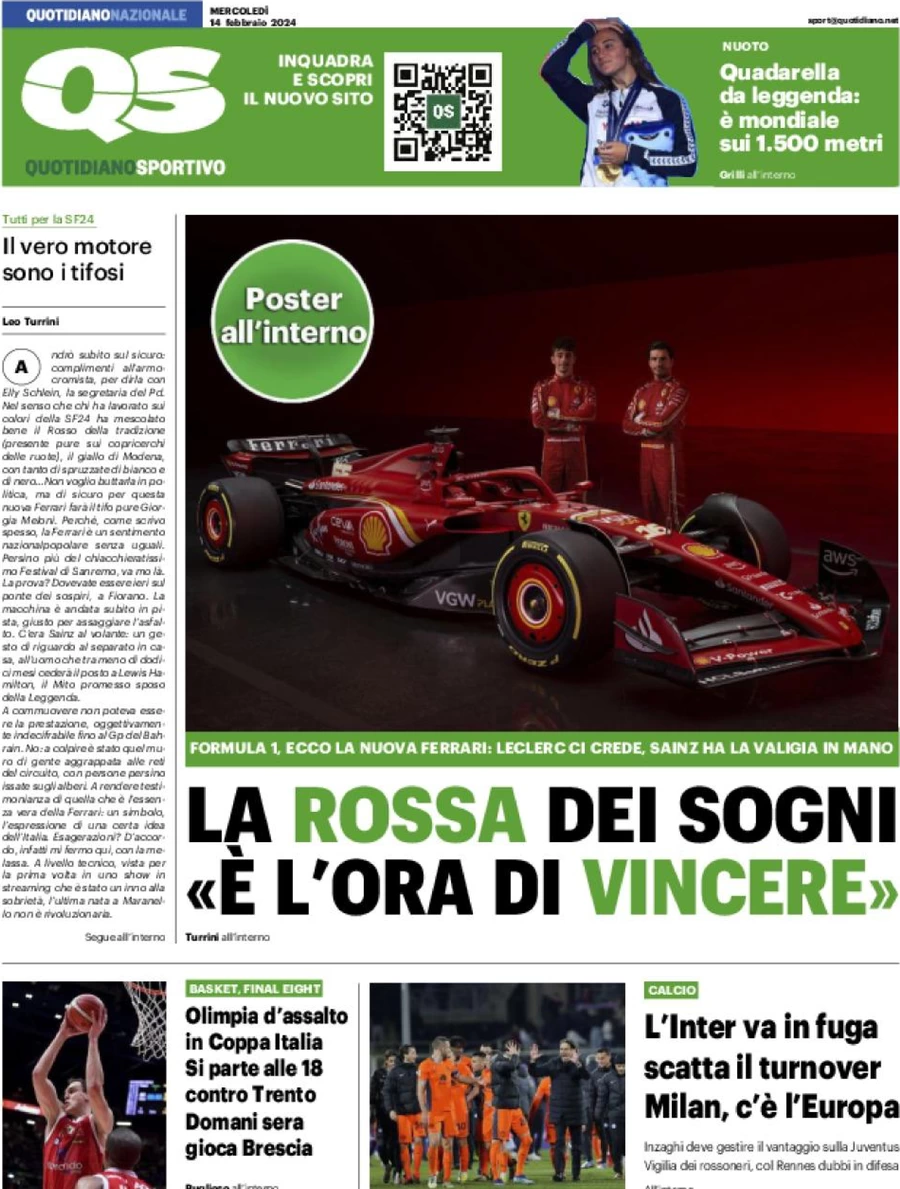 prima pagina - QS Quotidiano Sportivo del 14/02/2024