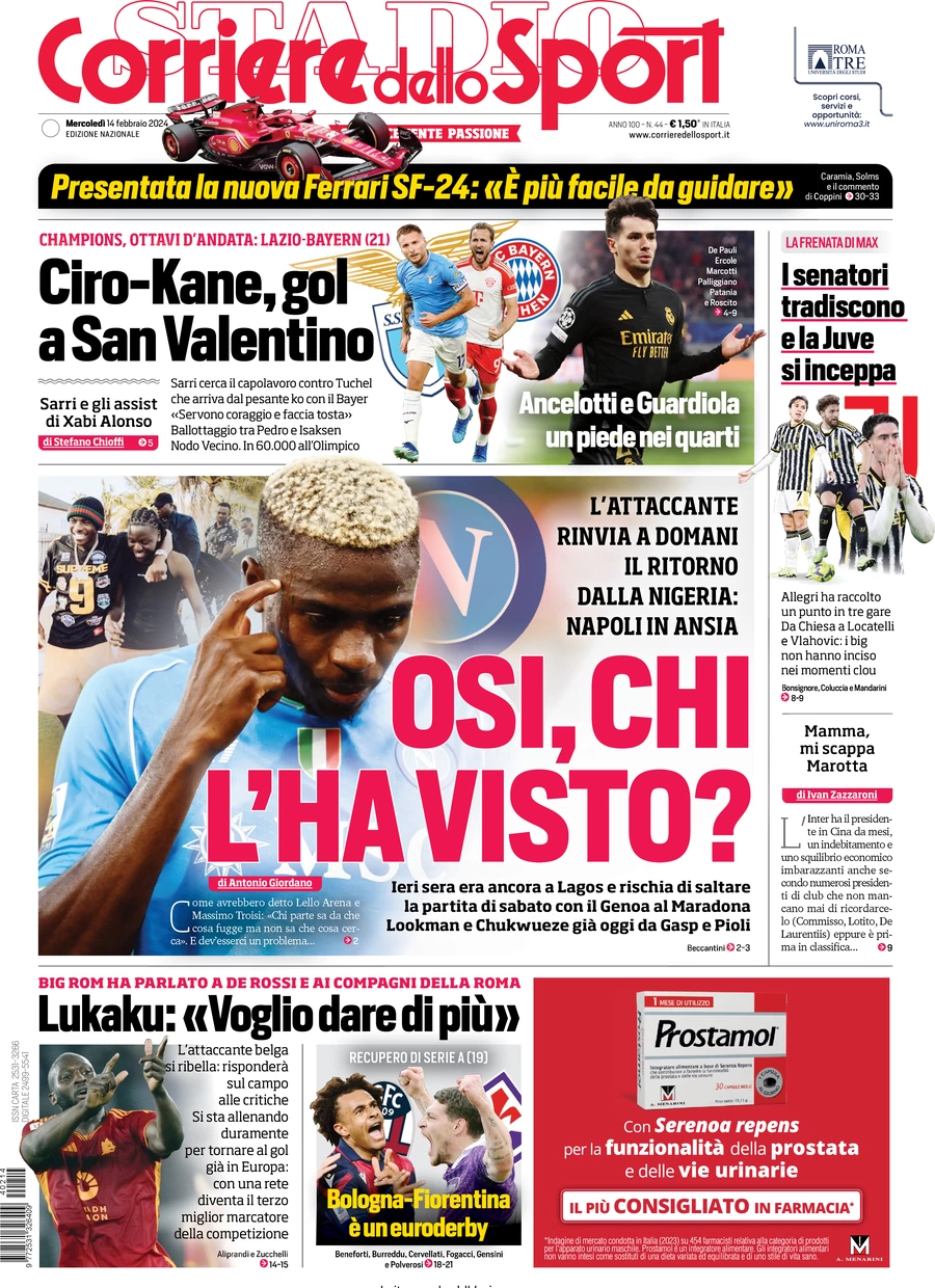 prima pagina - Corriere dello Sport del 14/02/2024