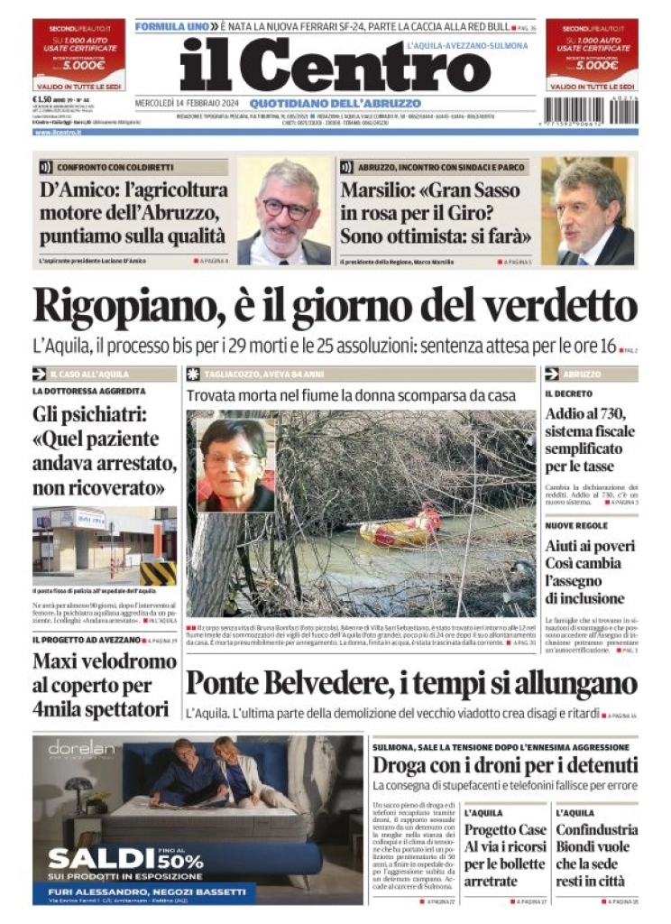 prima pagina - Il Centro (L'Aquila) del 14/02/2024