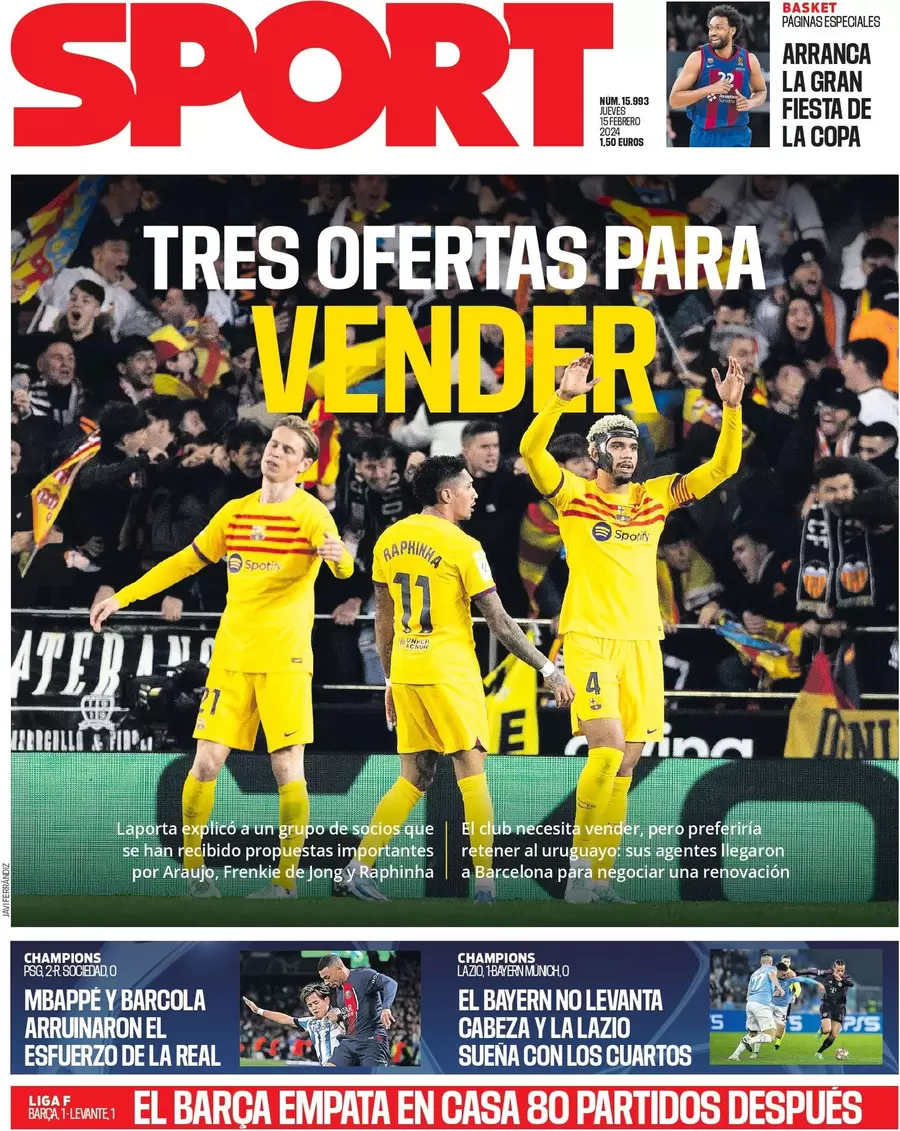 anteprima della prima pagina di sport-barcelona del 14/02/2024