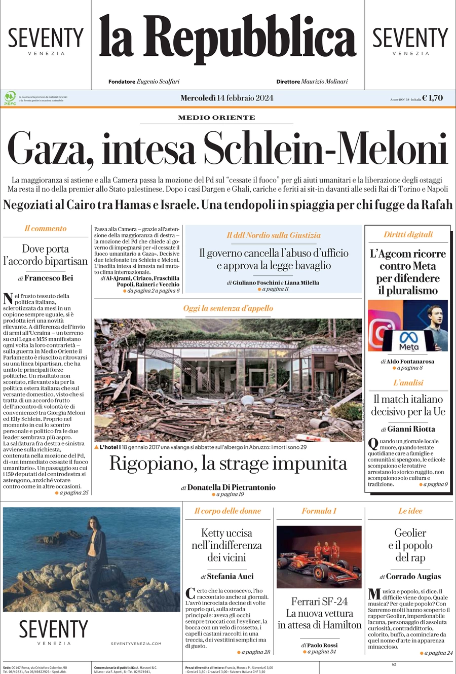 prima pagina - La Repubblica del 14/02/2024