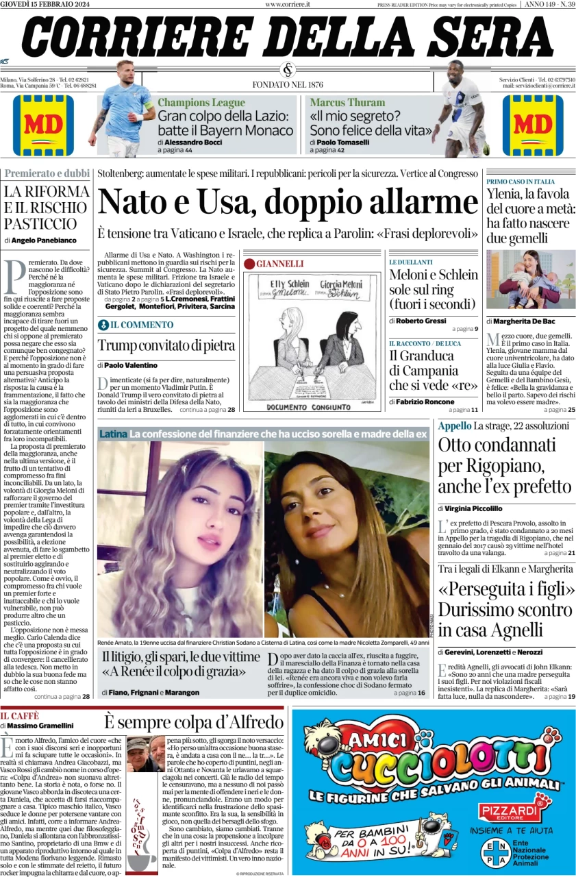 prima pagina - Corriere della Sera del 15/02/2024