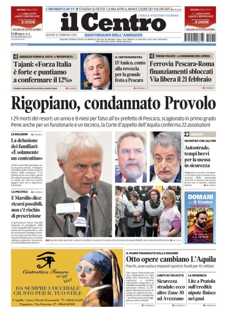 prima pagina - Il Centro (L'Aquila) del 15/02/2024