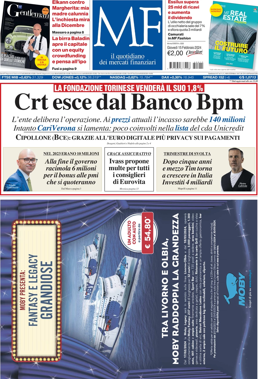 prima pagina - MF Milano Finanza del 15/02/2024
