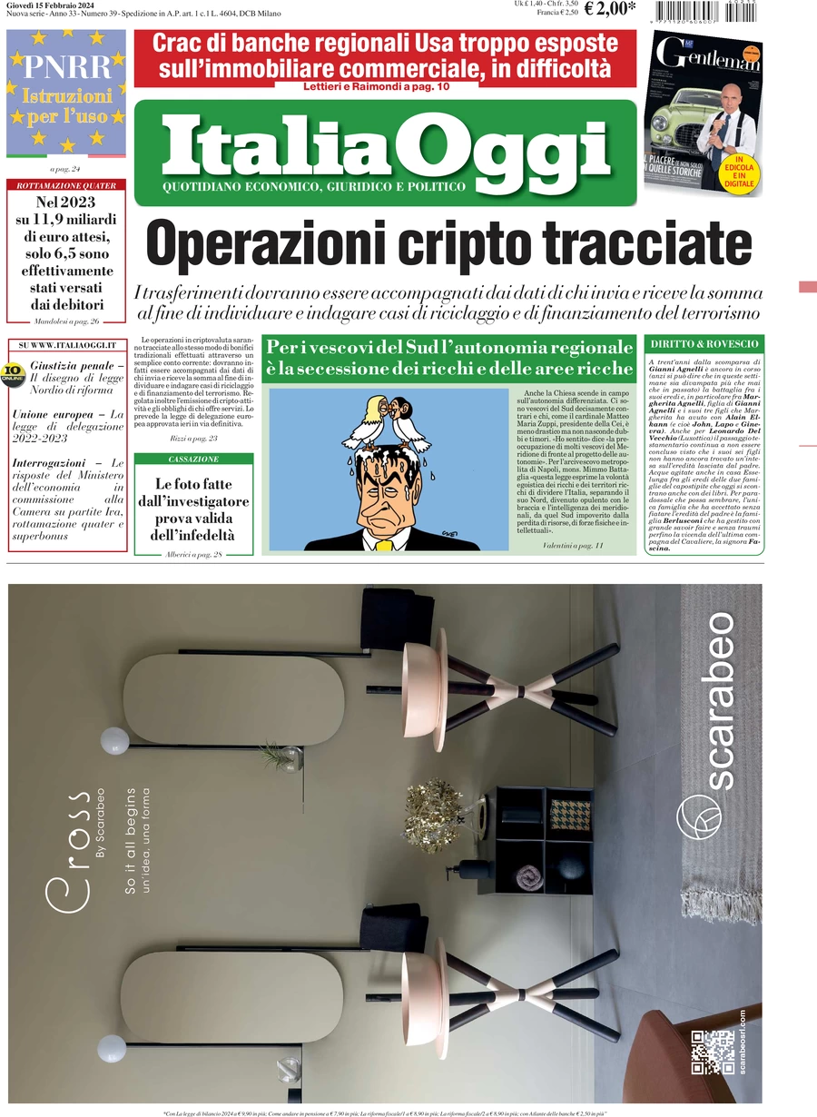 prima pagina - ItaliaOggi del 15/02/2024