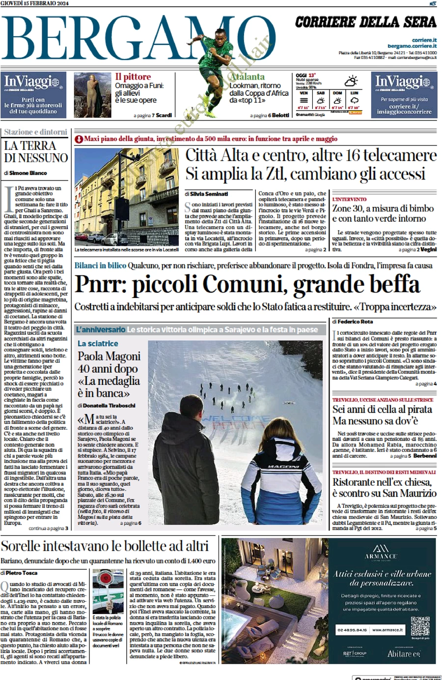 anteprima della prima pagina di corriere-della-sera-bergamo del 15/02/2024