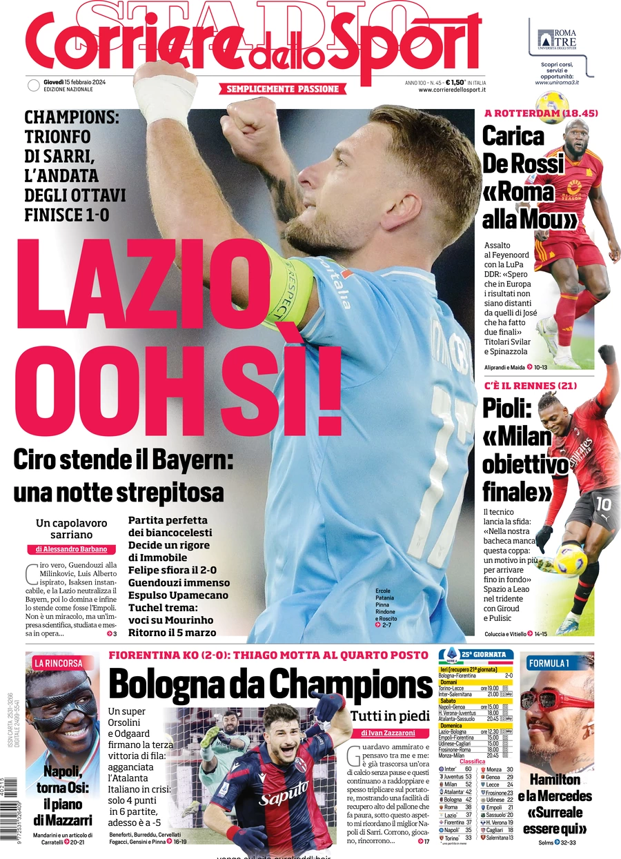 prima pagina - Corriere dello Sport del 15/02/2024
