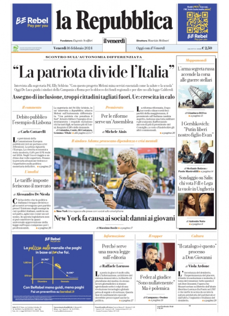prima pagina - La Repubblica del 15/02/2024