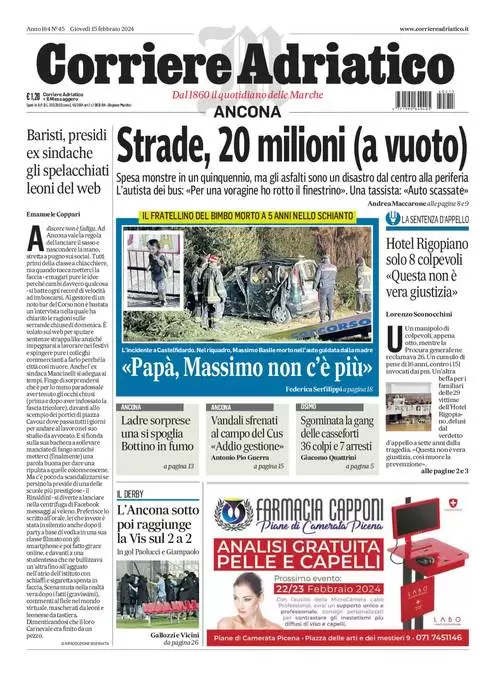 anteprima della prima pagina di corriere-adriatico-ancona del 15/02/2024