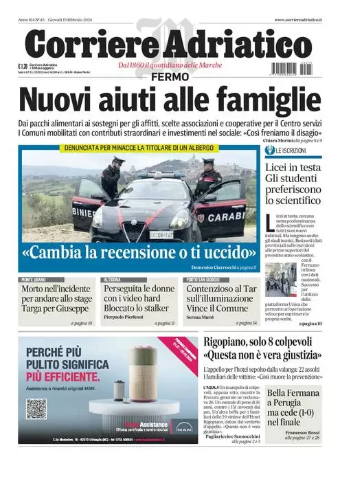 anteprima della prima pagina di corriere-adriatico-fermo del 15/02/2024