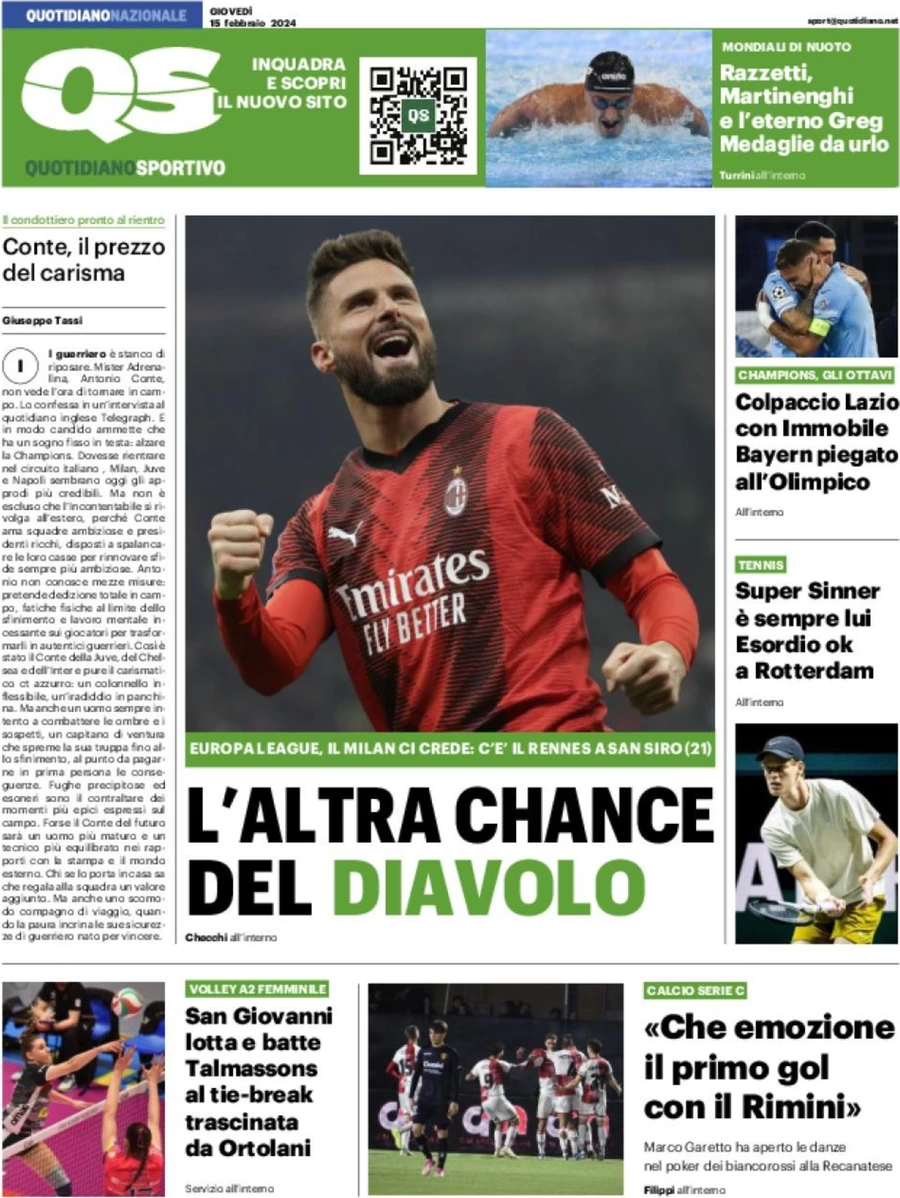 prima pagina - QS Quotidiano Sportivo del 15/02/2024