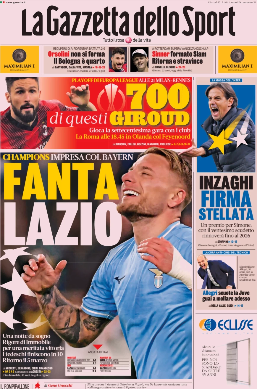 prima pagina - La Gazzetta dello Sport del 15/02/2024