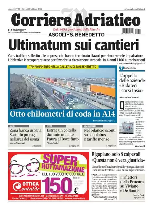 anteprima della prima pagina di corriere-adriatico-ascoli del 15/02/2024