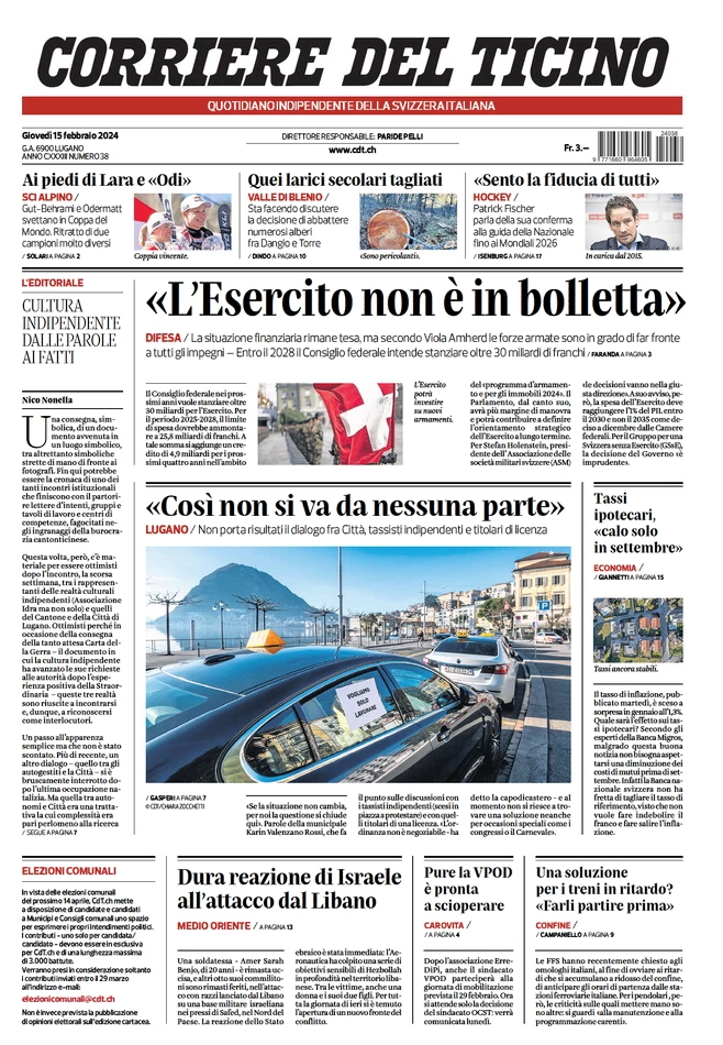 prima pagina - Corriere del Ticino del 15/02/2024